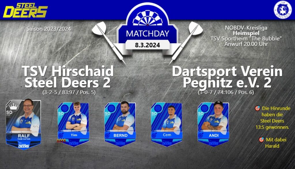 Spielankündigung TSV Hirschaid Steel Deers 2 vs Dartsport Verein Pegnitz e.V. 2 am 8.3.2024 in 